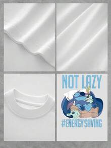 Gráfico divertido que muestra a una criatura azul durmiendo con una almohada y un peluche transmitiendo un mensaje de relajación y ahorro de energía camiseta de mujer  cómoda y casual para uso diario - Blanco - Ver 4