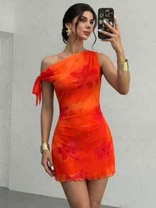 Vestido mini elegante y sexy de flores con hombros descubiertos para vacaciones, vestido de malla floral, vestido con cuello asimétrico, para primavera/verano, atuendo de playa, elegante, sexy, vacaciones, playa, Hawái, cita, fiesta, festival de m - Naranja 3 - Ver 5