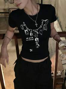 女款圓領短袖T恤，夏季新款卡通圖案與字母印花，休閒百搭修身短版上衣，黑色 - 黑色 - 查看 6