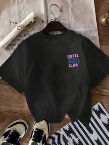 Short-Sleeved T-Shirt With Round Neck, Coffee And English Print, Casual And Versatile, Suitable For Everyday Wear In Summer - 黑色 - 查看 4