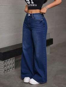 Jeans rectos de mezclilla azul oscuro efecto levantador de glúteos elásticos sueltos - Azul - Ver 3