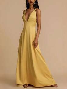 Vestido largo satén verano mujer cuello V espalda descubierta elegante estilo europeo sensual - Dorado - Ver 2