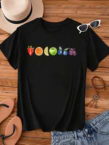 Camiseta Casual de Moda para Mujer, Corte Holgado, Cuello Redondo, Manga Corta, Estampado de Frutas: Fresa, Naranja, Limón, Manzana, Arándano, Ciruela, Camiseta Gráfica para Uso Diario, Ropa de Verano, 100% Algodón, Duradera - Negro - Ver 3