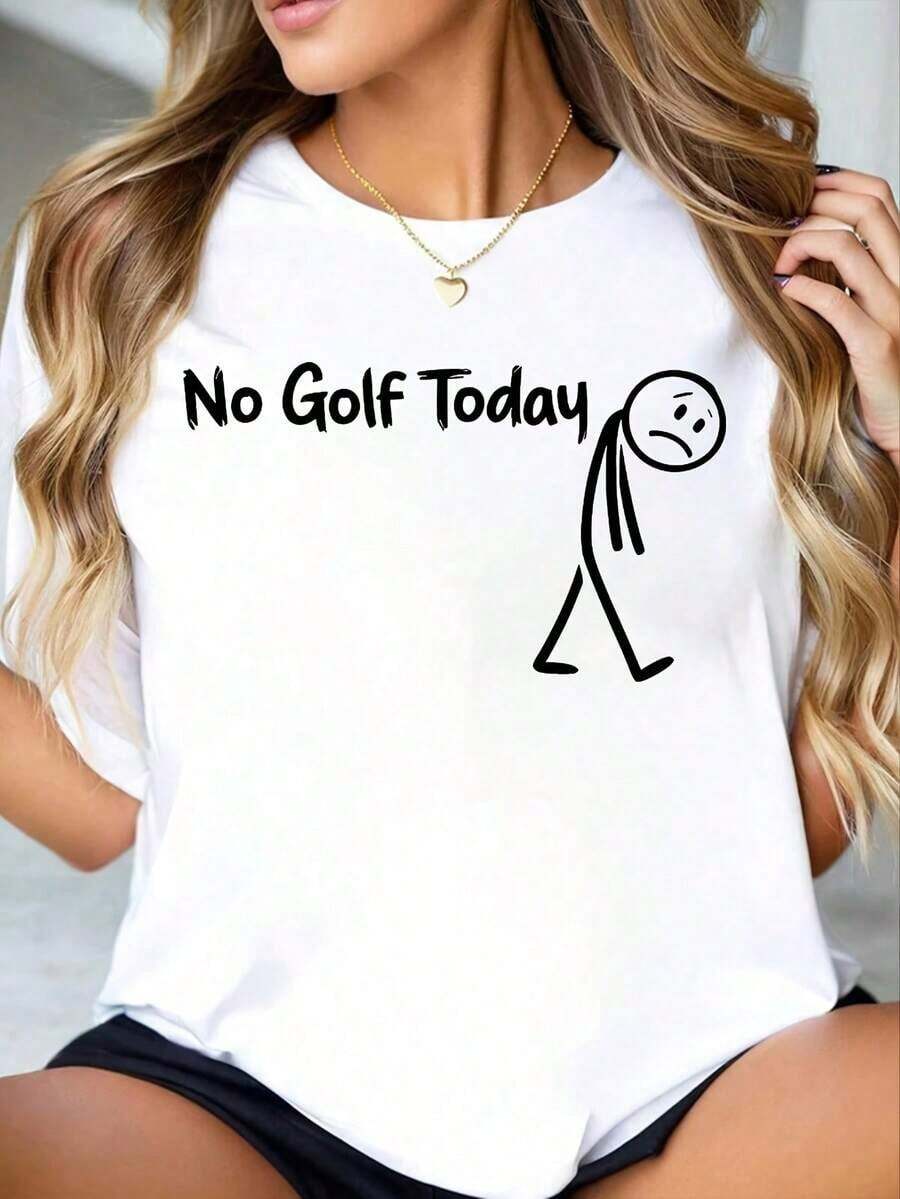 Camiseta Moderna Minimalista de Cuello Redondo para Mujer con Estampado de Figura de Dibujos Animados 'No Golf Today', Manga Corta, Ropa Casual para Salidas Diarias y Actividades de Ocio. - Blanco - Ver 1