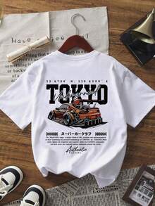 Camiseta de manga corta y cuello redondo blanca con estampado divertido de coche de carreras, de verano, nueva, casual y sencilla. Top versátil de moda diaria para mujer - Blanco - Ver 2