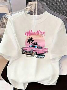 Pink Classic Car And Sunset Palm Tree T-Shirt, Fashionable Short-Sleeved T-Shirt For Spring And Summer 2026, Made In Mexico, 180 Grams. Cartoon Print, Couple Design, Suitable For Indoor Or Outdoor Wear. Crew Neck, Unisex, Ideal For Office And Leisure. One-Pack. - WH-P631577SLNDXZGY502 - 查看 2