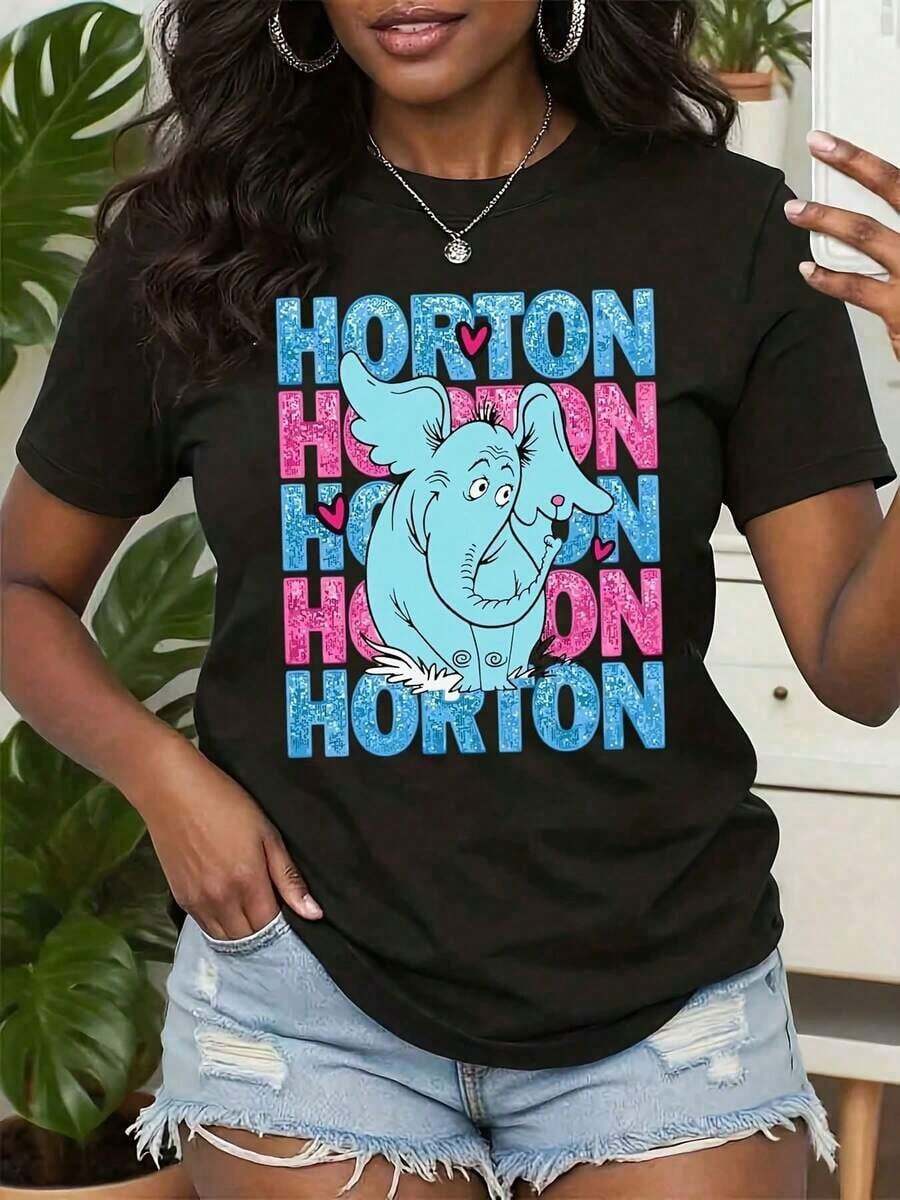 1 Pieza de Camiseta Casual de Moda para Hombres y Mujeres con Estampado del Personaje de Horton Hears A Who, Texto en Azul y Rosa, Cuello Redondo, Versátil, fácil de combinar, adecuada para uso diario, estilo urbano, ropa de vacaciones, ropa de fin de semana. - Negro - Ver 1