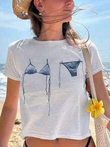 Camisetas Casuales de Mujer con Estampado Gráfico de Bikini, Camisetas de Manga Corta Ideales para Uso Casual, Playa y Deportes - Blanco - Ver 6
