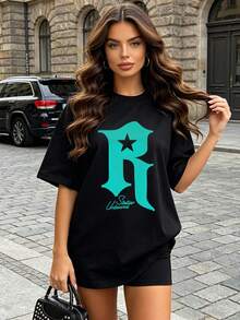 Women's Summer Casual Soft Round Neck Short Sleeve T-Shirt,The Star Letter R Print Graphic Is Suitable For Daily Wear In Spring And Summer.Black - Black - View 2