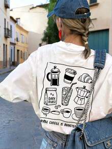 Camiseta de manga corta con cuello redondo, estampado de comida y bebida de desayuno, estilo de vida perezoso y casual, versátil y de uso diario para mujer - Blanco - Ver 1