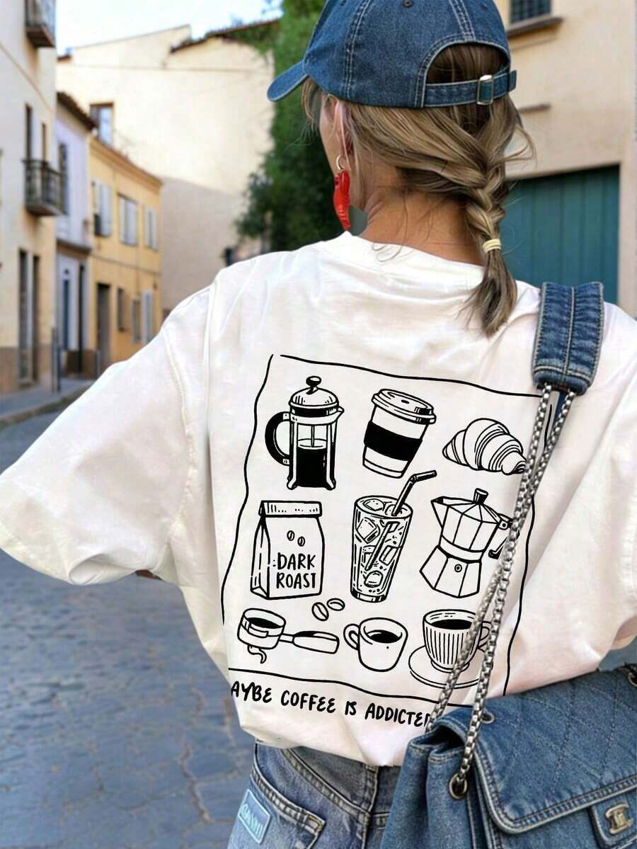 Camiseta de manga corta con cuello redondo, estampado de comida y bebida de desayuno, estilo de vida perezoso y casual, versátil y de uso diario para mujer - Blanco - Ver 1