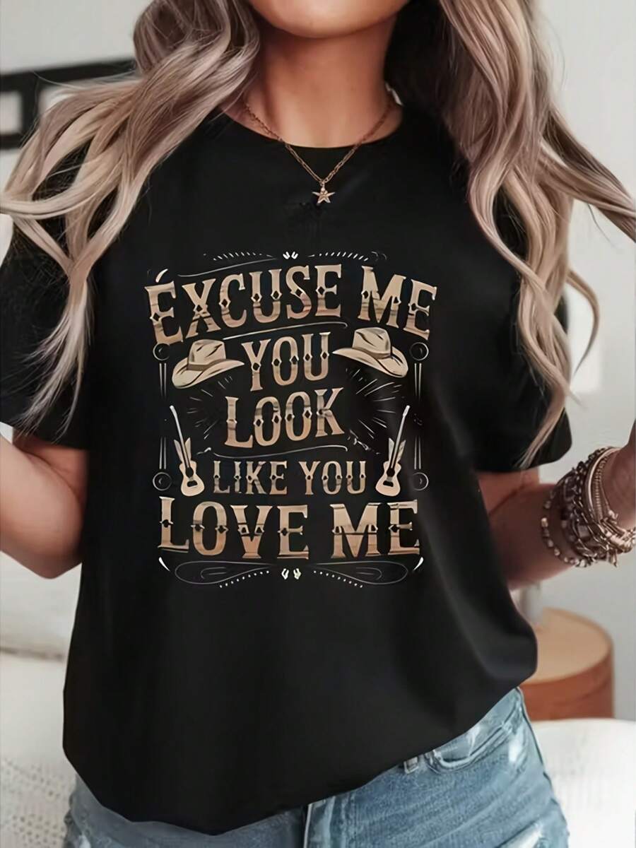 - Passionate Women's Sports T-Shirt, Short-Sleeved Round Neck T-Shirt, Breathable Loose Fit, Cute And Fashionable Combination Design, Sports, Everyday Leisure, Versatile For Multiple Occasions, Women's Top - 黑色 - 查看 1