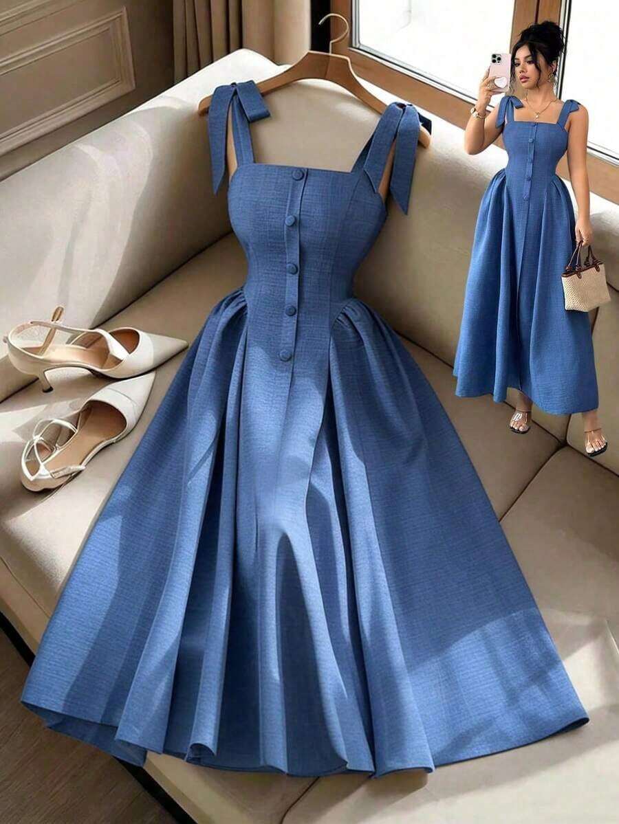 Nuevo vestido midi tejido bicolor con textura y tirantes anudados, elegante y versátil para uso en la oficinaXhen - Azul - Ver 1