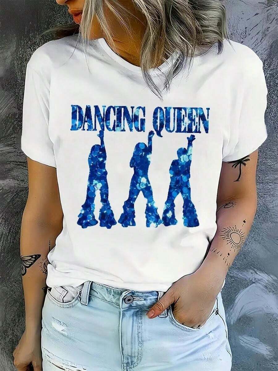 Cómoda Camiseta Blanca de Algodón 100% para Mujer con Estampado Retro de las Reinas del Baile de los 80 - Diseño Icónico de Letras de Canciones y Música, Camiseta Casual de Manga Corta con Cuello Redondo para Fiestas de Baile, Atuendos Casuales y Estilo Vintage. Camiseta Holgada y Versátil de Manga Corta para Mujer. - Blanco - Ver 1