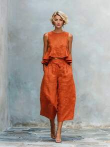 Women's Linen-Blend Two-Piece Outfit, Sleeveless Peplum Crop Top & High Waist Cropped Wide Leg Pants - 橘紅色 - 查看 11
