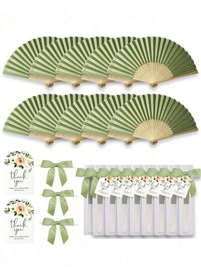 Bộ 60 quạt gấp màu xanh lá cây, quà tặng cho cô dâu và chú rể, thích hợp cho đám cưới và sinh nhật, kèm nơ xanh, thiệp và túi vải organza trong suốt, phù hợp để trang trí tiệc cưới và sinh nhật, quà tặng cô dâu, quà tặng tiệc sinh nhật.