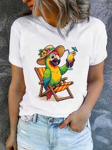 Women's Short-Sleeved Crew Neck T-Shirt, Casual, Made Of Pure Cotton, Ideal For Summer Vacation, Machine Washable, New Women's Clothing, Versatile For Going Out, Sporty Style. ZFB9 - 白色_05 - 查看 1