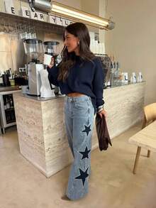 Pantalones vaqueros rectos holgados con parches de estrella estilo retro - Azul - Ver 3