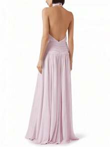 Sleeveless Halter Dress With Open Back, Full Skirt And Side Slit, European And American Style. - 淺灰紫 - 查看 3