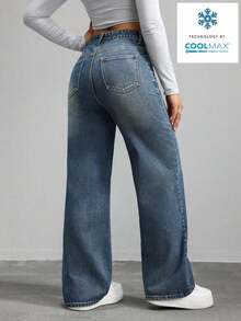 Jeans de mezclilla de unicolor minimalista para uso diario de mujer - Azul - Ver 2