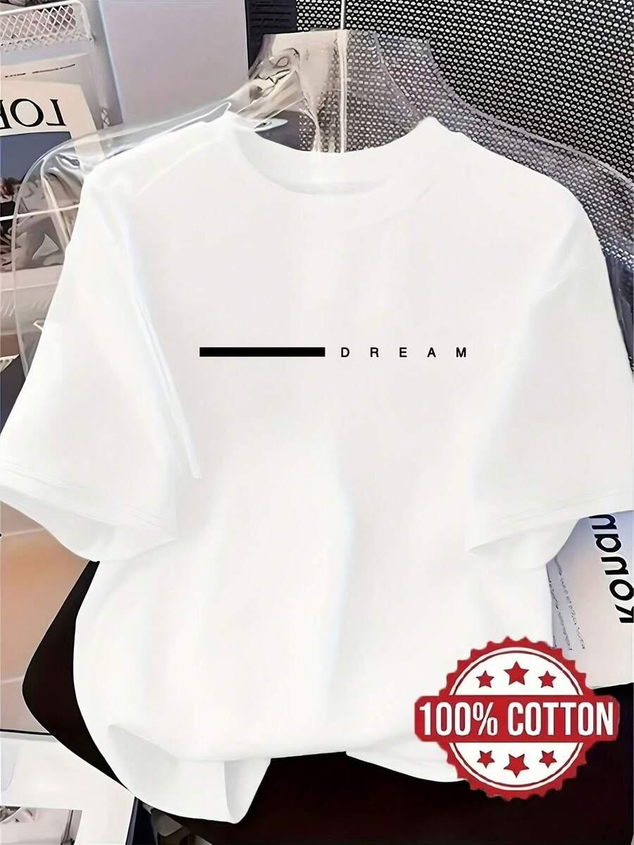 Women's Casual Short-Sleeved T-Shirt; Features A "Dream" Print On The Front; Made From 100% Soft And Comfortable Fabric; Off-The-Shoulder Style; Suitable For Everyday Wear Or Working From Home In Spring, Summer And Autumn; Women's Top. - 白色 - 查看 1