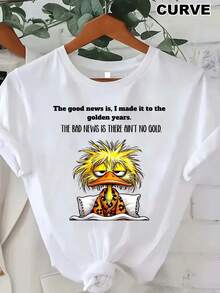 Funny, Soft, And Self-Deprecating Duck T-Shirt, 200g Pure Cotton. The Good News Is I've Reached My Golden Years, The Bad News Is I'm Broke. Cartoon Duck Print, Unisex Casual Short-Sleeved Crew Neck T-Shirt, Stylish Blouses For Women. - 白色 - 查看 2