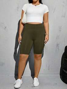 Pantalones cortos de motocicleta negros básicos, versátiles y cómodos con bolsillos para mujer de talla grande, de moda casual y deportiva para primavera y verano, ropa de calle, shorts curvilíneos, ropa para salir, ropa Y2K, joggers, shorts ci - Verde militar - Ver 4