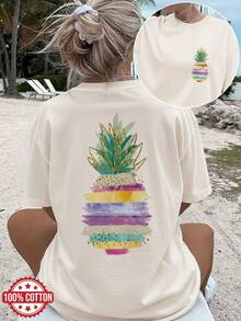 Fashionable And Personalized Y2K Women's T-Shirt, 180g Pure Cotton, Loose-Fitting Short-Sleeved Top, Urban Style Elegance, Casual And Breathable For Everyday Wear, Creative Summer Print, Outdoor Sports Gift, Bohemian Style, Pineapple, Leaves, Gold Thread. - 杏色 - 查看 12