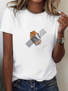 1 Piece Of Short-Sleeved T-Shirt For Young Women | Fun Hamster Pattern In Silver Foil, Casual And Playful Style, Comfortable And Skin-Friendly, Perfect For Everyday Wear And Elegant Parties, An Ideal Gift. - 白色 - 查看 1