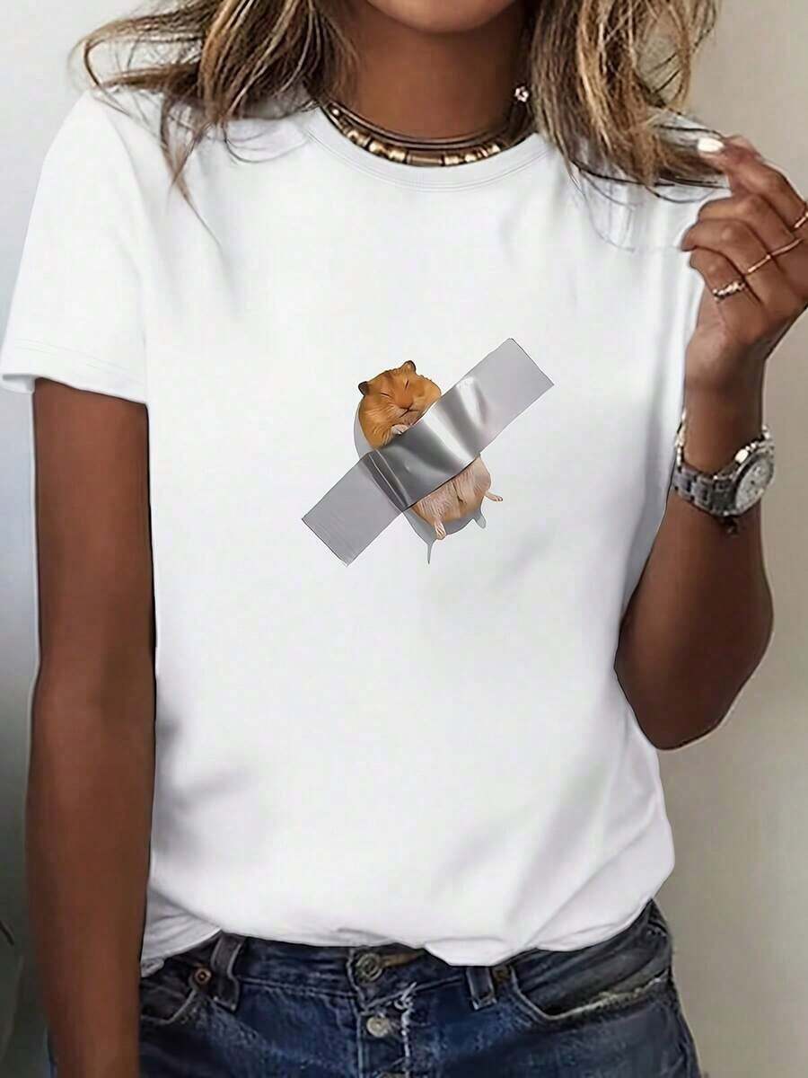 1 Piece Of Short-Sleeved T-Shirt For Young Women | Fun Hamster Pattern In Silver Foil, Casual And Playful Style, Comfortable And Skin-Friendly, Perfect For Everyday Wear And Elegant Parties, An Ideal Gift. - 白色 - 查看 1