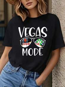 Women's Graphic T-Shirt With Las Vegas Neon Light Print And Sunglasses - Casual Short-Sleeve Crew Neck T-Shirt, Disco-Themed Design, Suitable For Parties/Clubs/Everyday Wear In Spring/Summer - Regular Fit Cotton T-Shirt, Machine Washable. - 黑色 - 查看 7