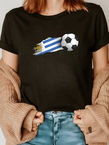 Uruguayan Flag With Radiant Sun And A Soccer Ball Symbolizing Sporting Pride And Feminine Energy; Comfortable And Modern Casual Women's T-Shirt - 黑色 - 查看 8