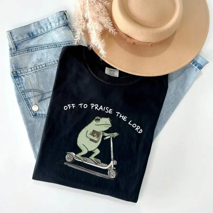 1 Piece, Retro T-Shirt With A Christian Humor Aesthetic, Made Of High-Quality Cotton With A Frog Design, Suitable For Couples, Available In Sizes S-3XL, Unisex, Urban Fashion, Casual Summer Wear, Stylish Women's Crew Neck T-Shirt, For Everyday Use. | Perfect Holiday Gift | 100% Cotton Fabric | Soft And Comfortable | Crew Neck T-Shirt | - 黑色 - 查看 1