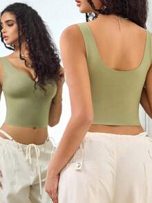 1 pieza Camiseta de mujer de unicolor simple sin costuras de corte corto - Verde militar - Ver 2