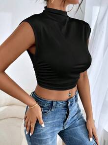 Camiseta sin mangas con cuello alto y fruncido - Negro - Ver 5