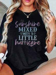 Algodón Camiseta Con Estampado De Letras Sunshine, Informal, De Manga Corta Y Cuello Redondo, Para Primavera Y Verano, Para Mujer. Camiseta De Manga Corta Con Cuello Redondo Y Estampado Para Mujer, Informal, De Verano, Para Mujer. Camisetas Gráficas. blusas para mujer camisa - Negro - Ver 8