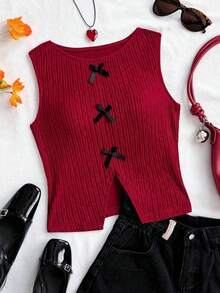 Blusa sin mangas con cuello redondo, bloque de color, lazo y abertura en la espalda, de estilo informal para mujer - Burdeos - Ver 9