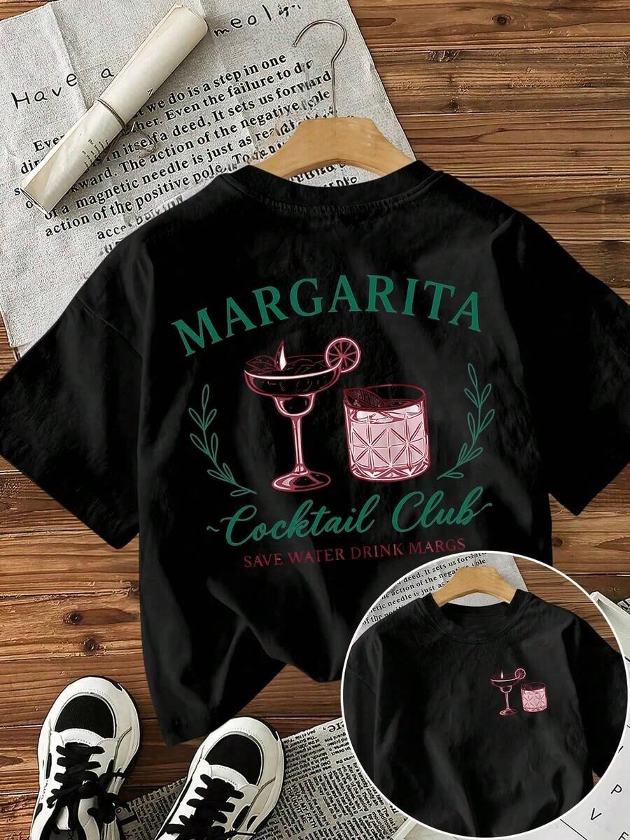 New Spring/Summer 2026 Collection "MARGARITA Cocktail Club" Women's Vintage Bartender T-Shirt, Casual Short Sleeve Crew Neck Top, Ideal For Bartender Parties, Everyday Wear And Weekends - Fun Women's Bartender T-Shirt, Machine Washable, Casual White - 黑色 - 查看 1