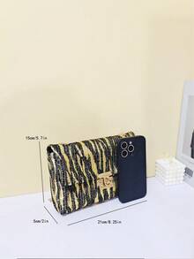 Bolso de cadena con solapa con estampado de tigre y lentejuelas, bolso cruzado con cerradura negra y dorada, bolso de gran capacidad para guardar teléfono y lápiz labial, bolso de hombro con cadena desmontable, embrague de lujo con estampado de tigre y lentejuelas, bolso de cadena con estampado de tigre y lentejuelas para discoteca, embrague para espectáculo, bolso cruzado para fiesta - Multicolor - Ver 6