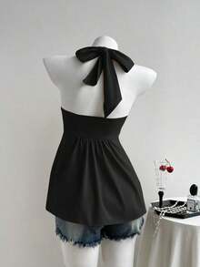 Top de tirantes con estampado de lunares marrones y detalle de nudo en la espalda para mujer, adecuado para verano, vacaciones de primavera, ceremonia de graduación, fiesta de boda, vacaciones elegantes, playa casual, estilo Y2K lindo y sexy y - Negro 3 - Ver 2