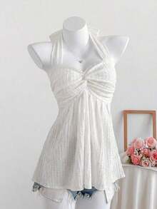 Top de tirantes con estampado de lunares marrones y detalle de nudo en la espalda para mujer, adecuado para verano, vacaciones de primavera, ceremonia de graduación, fiesta de boda, vacaciones elegantes, playa casual, estilo Y2K lindo y sexy y - Blanco - Ver 4