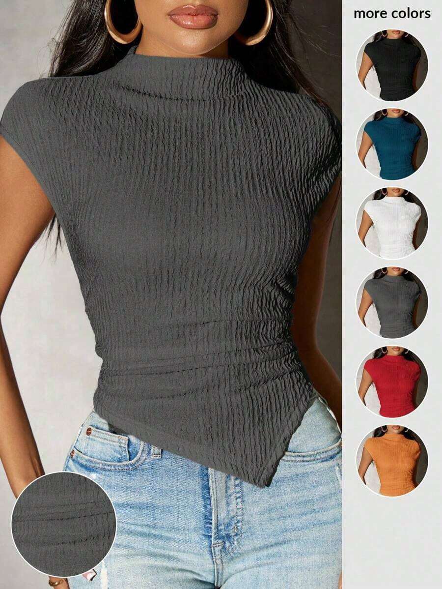 Camiseta de punto con bajo asimétrico de unicolor para mujer, primavera - Gris - Ver 1