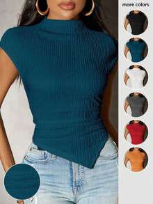 Camiseta de punto con bajo asimétrico de unicolor para mujer, primavera - Verde Oscuro - Ver 9