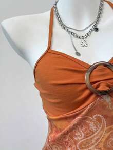 Blusa casual de mujer con cuello de corbata y estampado de anacardo, versátil para uso diario - Naranja - Ver 4