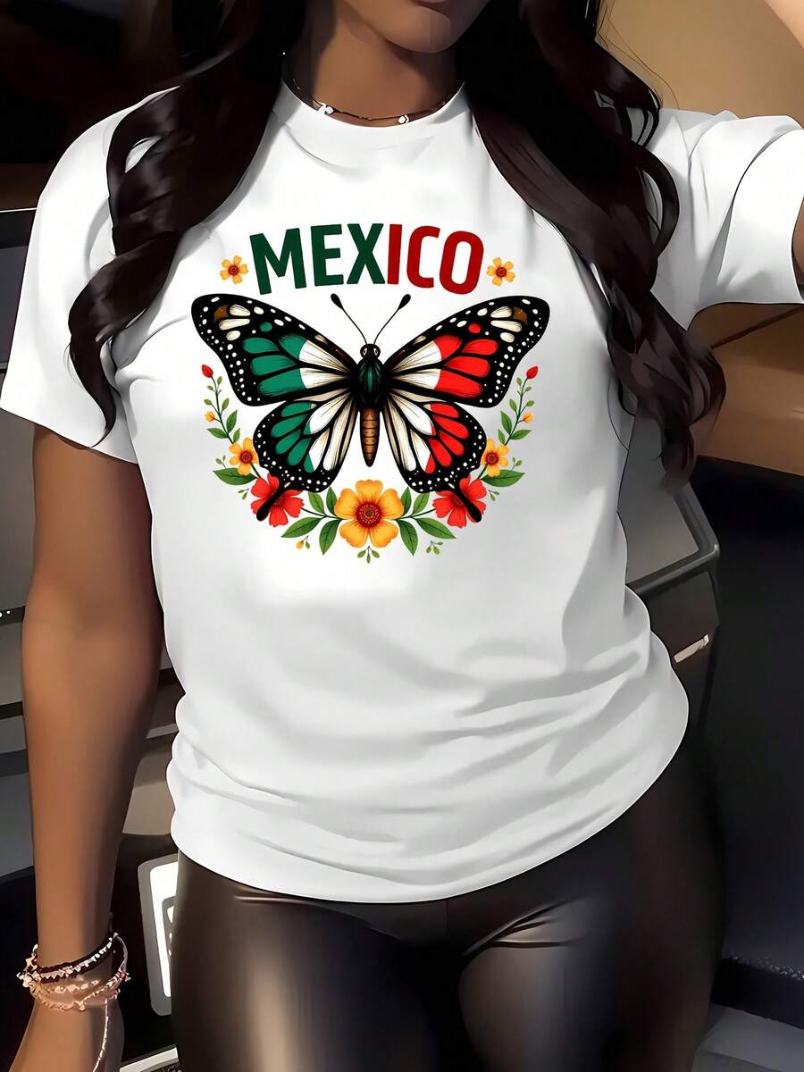 Camiseta de Mujer - Camiseta con Estampado de Mariposa Mexicana y Letras - Diseño floral brillante, manga corta, cuello redondo, estilo casual, cómoda para todas las estaciones, lavable a máquina, corte ajustado, diseño para vacaciones de verano, tela cómoda. - Blanco - Ver 1