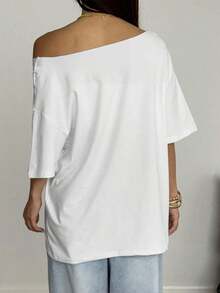 Y2K Style, Modern Style, The Newest Of 2026, Cute Style, Casual Style. Women's Plus Size Summer Loose Fit Asymmetric Neckline T-Shirt With Orange Fruit Cocktail Print, Y2K Style, 180g (Sizes S-XXXL). - 白色 3 - 查看 2