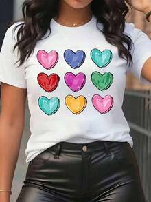 New Arrivals For Summer. Women's T-Shirt With Colorful Heart Print, Round Neck, Casual Everyday Wear, Soft And Comfortable, Festival Blouse, Shirt > Beautiful. - 白色 - 查看 7