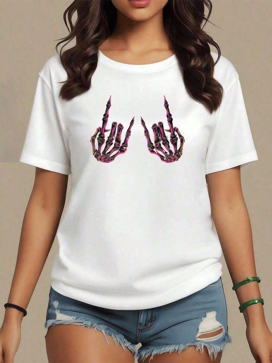 Two Skeletal Hands In Shades Of Pink And Gold, Raised In A Rebellious And Sarcastic Pose, Symbolizing Inner Strength And Defiance. Women's Modern Casual T-Shirt - Vintage Street Style Unisex Loose Cotton Short Sleeve Crew Neck Shirt - 白色 - 查看 1