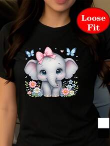 Camiseta de Manga Corta con Cuello Redondo, Estampado de Elefante Lindo y Lazo Rosa, Ropa Casual de Primavera-Verano, Tallas Grandes para Mujer - Negro - Ver 6