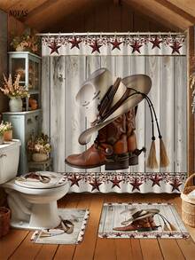 1/3/4 Stück Texas Stern, Hufeisen & Cowboystiefel Muster Duschvorhang Set mit 12 Haken, inklusive Toilette-Sitzabdeckung, Badematte und Teppich, Western Charme Thema, waschbar, aus strapazierfähigem, wasserdichtem Polyester, geeignet für Zuhause/Schlafzimmer/Wohnzimmer/Haushalt/Sommer - A - Übersicht 2